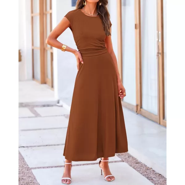 BTFBM Women Two Piece Skirt Set Casual Ribbed Knit Crew Neck Short Sleeve Cropped Top Elastic Waist Swing Midi SkirtsSolid Dark Brown