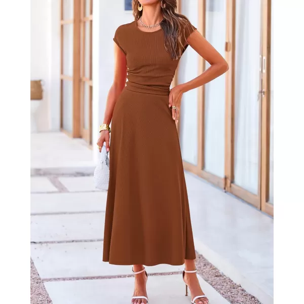 BTFBM Women Two Piece Skirt Set Casual Ribbed Knit Crew Neck Short Sleeve Cropped Top Elastic Waist Swing Midi SkirtsSolid Dark Brown