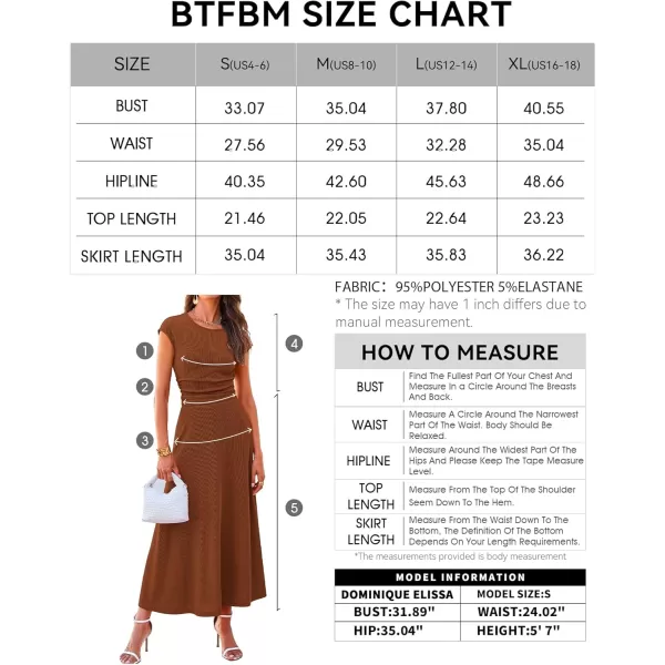 BTFBM Women Two Piece Skirt Set Casual Ribbed Knit Crew Neck Short Sleeve Cropped Top Elastic Waist Swing Midi SkirtsSolid Dark Brown