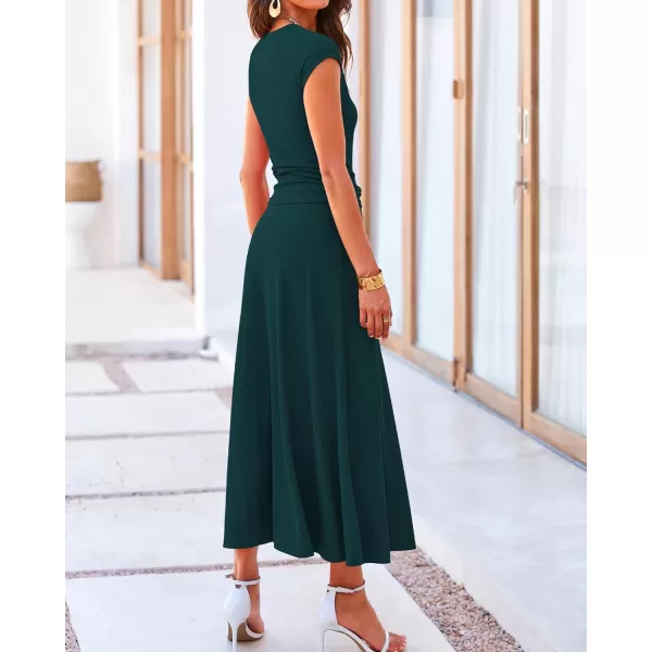 BTFBM Women Two Piece Skirt Set Casual Ribbed Knit Crew Neck Short Sleeve Cropped Top Elastic Waist Swing Midi SkirtsSolid Dark Green