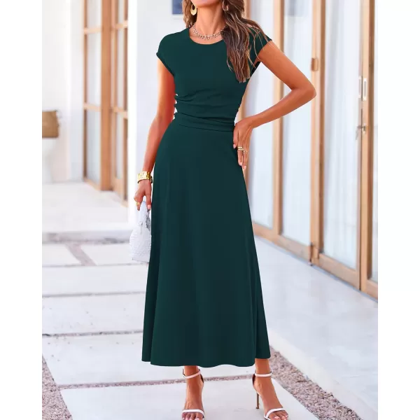 BTFBM Women Two Piece Skirt Set Casual Ribbed Knit Crew Neck Short Sleeve Cropped Top Elastic Waist Swing Midi SkirtsSolid Dark Green