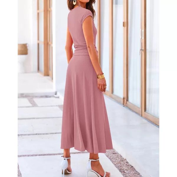 BTFBM Women Two Piece Skirt Set Casual Ribbed Knit Crew Neck Short Sleeve Cropped Top Elastic Waist Swing Midi SkirtsSolid Dusty Pink