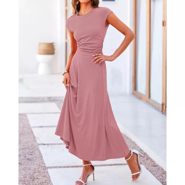 BTFBM Women Two Piece Skirt Set Casual Ribbed Knit Crew Neck Short Sleeve Cropped Top Elastic Waist Swing Midi SkirtsSolid Dusty Pink