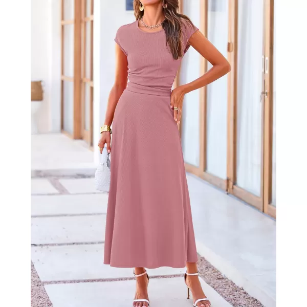 BTFBM Women Two Piece Skirt Set Casual Ribbed Knit Crew Neck Short Sleeve Cropped Top Elastic Waist Swing Midi SkirtsSolid Dusty Pink