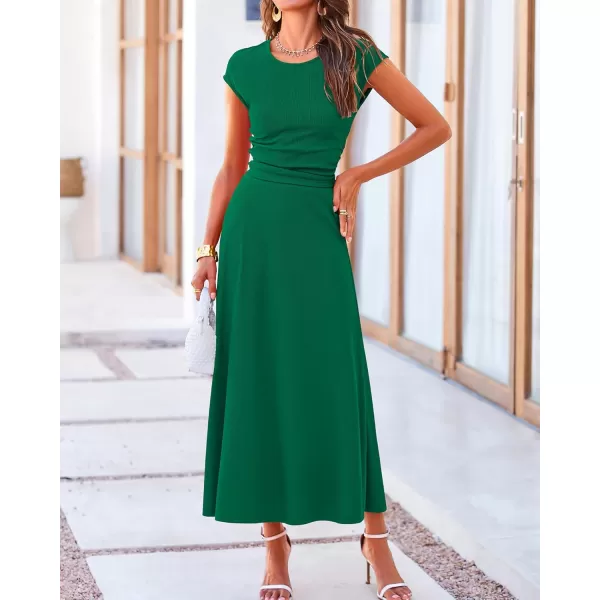BTFBM Women Two Piece Skirt Set Casual Ribbed Knit Crew Neck Short Sleeve Cropped Top Elastic Waist Swing Midi SkirtsSolid Green