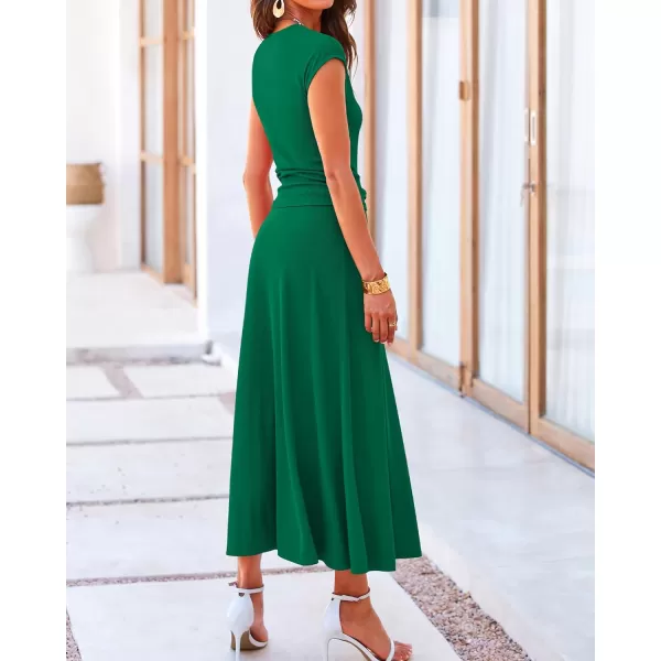 BTFBM Women Two Piece Skirt Set Casual Ribbed Knit Crew Neck Short Sleeve Cropped Top Elastic Waist Swing Midi SkirtsSolid Green