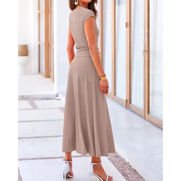 BTFBM Women Two Piece Skirt Set Casual Ribbed Knit Crew Neck Short Sleeve Cropped Top Elastic Waist Swing Midi SkirtsSolid Khaki