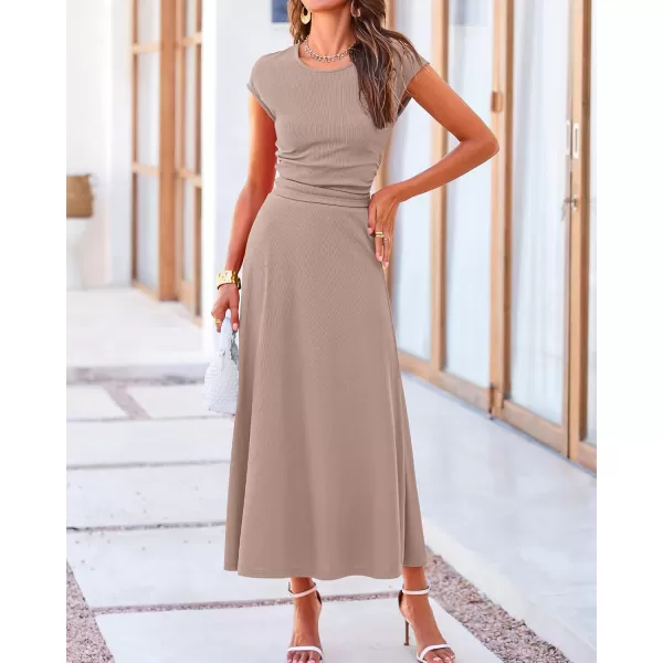 BTFBM Women Two Piece Skirt Set Casual Ribbed Knit Crew Neck Short Sleeve Cropped Top Elastic Waist Swing Midi SkirtsSolid Khaki