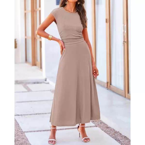 BTFBM Women Two Piece Skirt Set Casual Ribbed Knit Crew Neck Short Sleeve Cropped Top Elastic Waist Swing Midi SkirtsSolid Khaki