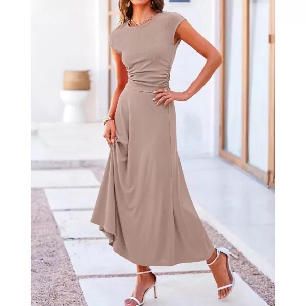 BTFBM Women Two Piece Skirt Set Casual Ribbed Knit Crew Neck Short Sleeve Cropped Top Elastic Waist Swing Midi SkirtsSolid Khaki