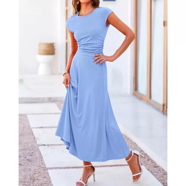 BTFBM Women Two Piece Skirt Set Casual Ribbed Knit Crew Neck Short Sleeve Cropped Top Elastic Waist Swing Midi SkirtsSolid Light Blue