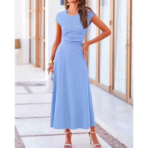 BTFBM Women Two Piece Skirt Set Casual Ribbed Knit Crew Neck Short Sleeve Cropped Top Elastic Waist Swing Midi SkirtsSolid Light Blue