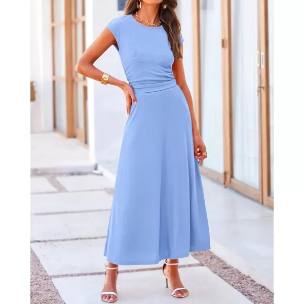 BTFBM Women Two Piece Skirt Set Casual Ribbed Knit Crew Neck Short Sleeve Cropped Top Elastic Waist Swing Midi SkirtsSolid Light Blue
