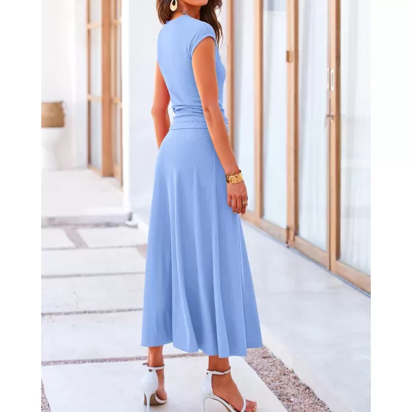 BTFBM Women Two Piece Skirt Set Casual Ribbed Knit Crew Neck Short Sleeve Cropped Top Elastic Waist Swing Midi SkirtsSolid Light Blue