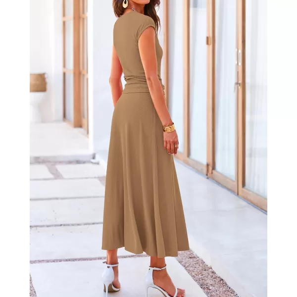 BTFBM Women Two Piece Skirt Set Casual Ribbed Knit Crew Neck Short Sleeve Cropped Top Elastic Waist Swing Midi SkirtsSolid Light Brown