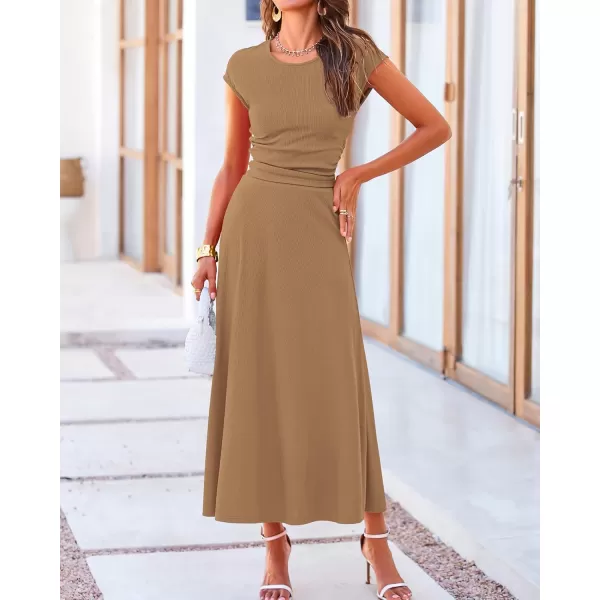 BTFBM Women Two Piece Skirt Set Casual Ribbed Knit Crew Neck Short Sleeve Cropped Top Elastic Waist Swing Midi SkirtsSolid Light Brown