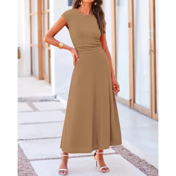 BTFBM Women Two Piece Skirt Set Casual Ribbed Knit Crew Neck Short Sleeve Cropped Top Elastic Waist Swing Midi SkirtsSolid Light Brown