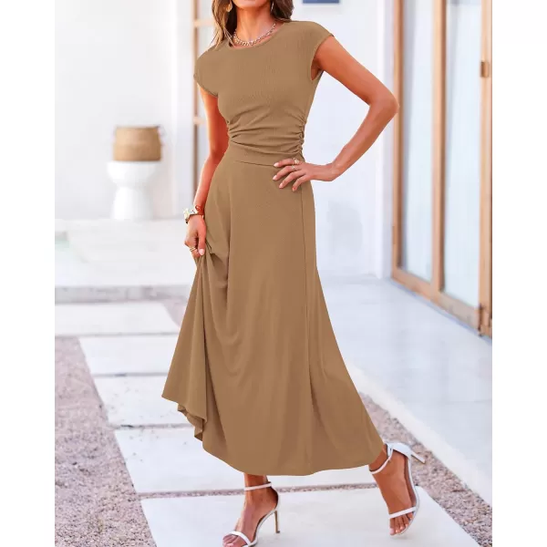 BTFBM Women Two Piece Skirt Set Casual Ribbed Knit Crew Neck Short Sleeve Cropped Top Elastic Waist Swing Midi SkirtsSolid Light Brown