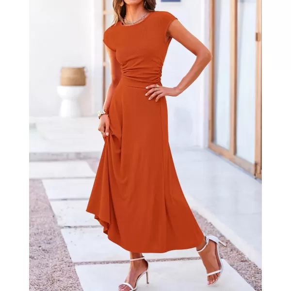 BTFBM Women Two Piece Skirt Set Casual Ribbed Knit Crew Neck Short Sleeve Cropped Top Elastic Waist Swing Midi SkirtsSolid Orange
