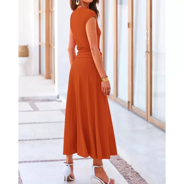 BTFBM Women Two Piece Skirt Set Casual Ribbed Knit Crew Neck Short Sleeve Cropped Top Elastic Waist Swing Midi SkirtsSolid Orange