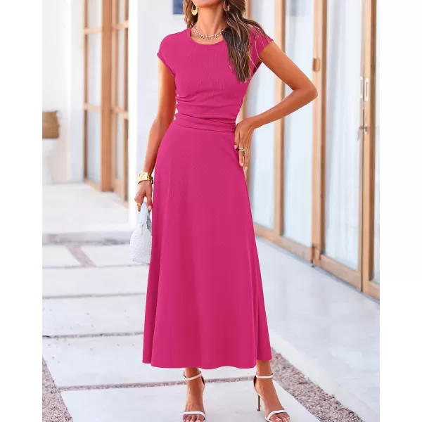 BTFBM Women Two Piece Skirt Set Casual Ribbed Knit Crew Neck Short Sleeve Cropped Top Elastic Waist Swing Midi SkirtsSolid Rose Red