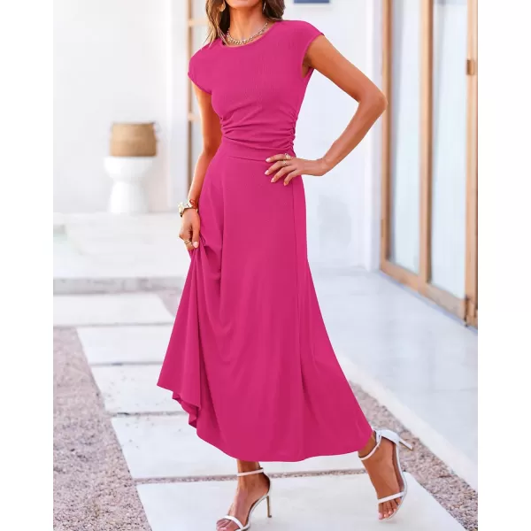 BTFBM Women Two Piece Skirt Set Casual Ribbed Knit Crew Neck Short Sleeve Cropped Top Elastic Waist Swing Midi SkirtsSolid Rose Red