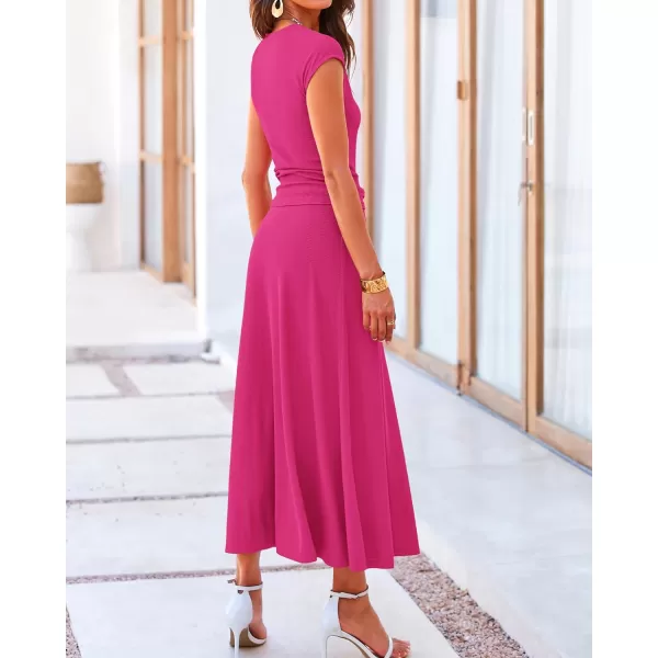 BTFBM Women Two Piece Skirt Set Casual Ribbed Knit Crew Neck Short Sleeve Cropped Top Elastic Waist Swing Midi SkirtsSolid Rose Red