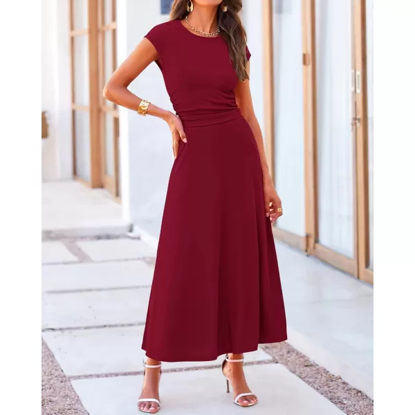 BTFBM Women Two Piece Skirt Set Casual Ribbed Knit Crew Neck Short Sleeve Cropped Top Elastic Waist Swing Midi SkirtsSolid Wine Red