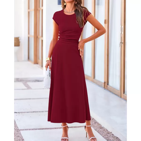 BTFBM Women Two Piece Skirt Set Casual Ribbed Knit Crew Neck Short Sleeve Cropped Top Elastic Waist Swing Midi SkirtsSolid Wine Red