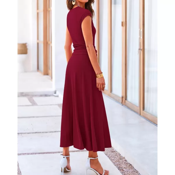BTFBM Women Two Piece Skirt Set Casual Ribbed Knit Crew Neck Short Sleeve Cropped Top Elastic Waist Swing Midi SkirtsSolid Wine Red