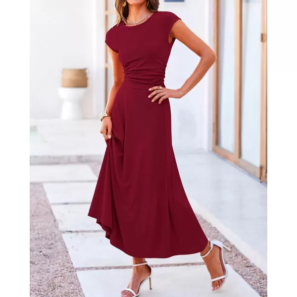 BTFBM Women Two Piece Skirt Set Casual Ribbed Knit Crew Neck Short Sleeve Cropped Top Elastic Waist Swing Midi SkirtsSolid Wine Red