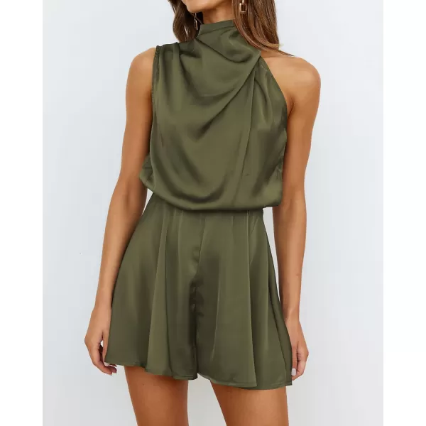 BTFBM Womens Mock Neck Summer Romper Satin Sleeveless Elastic Waist Casual Beach Party One Piece Short Jumpsuit RompersSolid Army Green