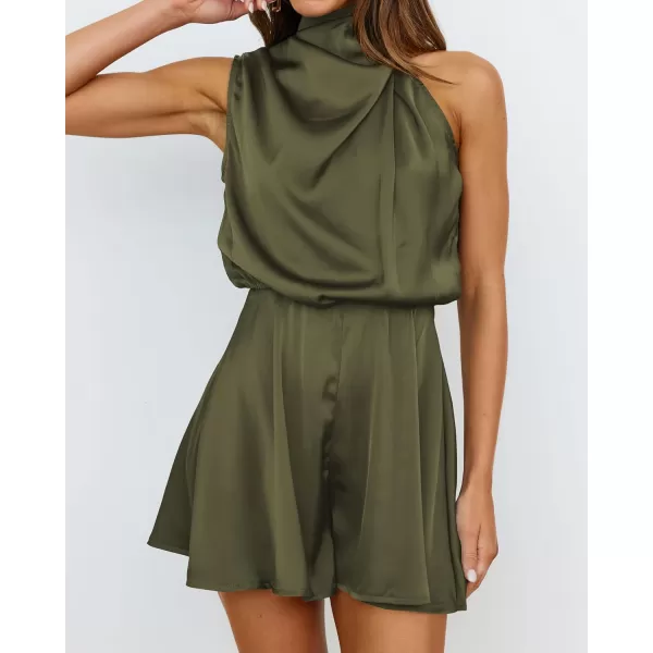 BTFBM Womens Mock Neck Summer Romper Satin Sleeveless Elastic Waist Casual Beach Party One Piece Short Jumpsuit RompersSolid Army Green