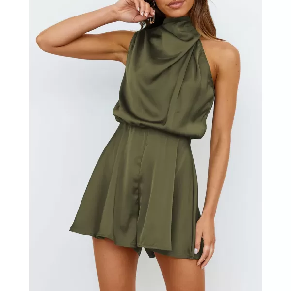 BTFBM Womens Mock Neck Summer Romper Satin Sleeveless Elastic Waist Casual Beach Party One Piece Short Jumpsuit RompersSolid Army Green