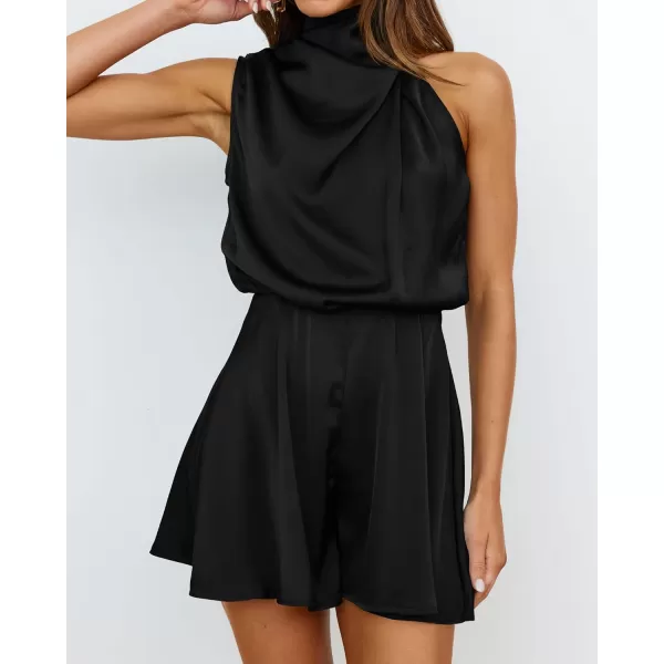 BTFBM Womens Mock Neck Summer Romper Satin Sleeveless Elastic Waist Casual Beach Party One Piece Short Jumpsuit RompersSolid Black