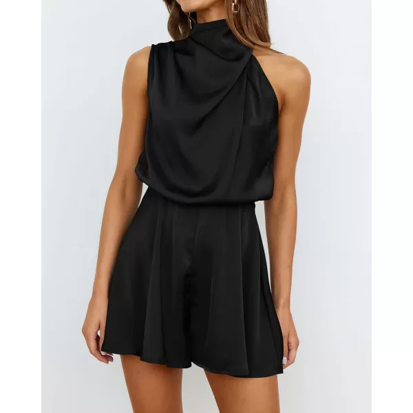 BTFBM Womens Mock Neck Summer Romper Satin Sleeveless Elastic Waist Casual Beach Party One Piece Short Jumpsuit RompersSolid Black