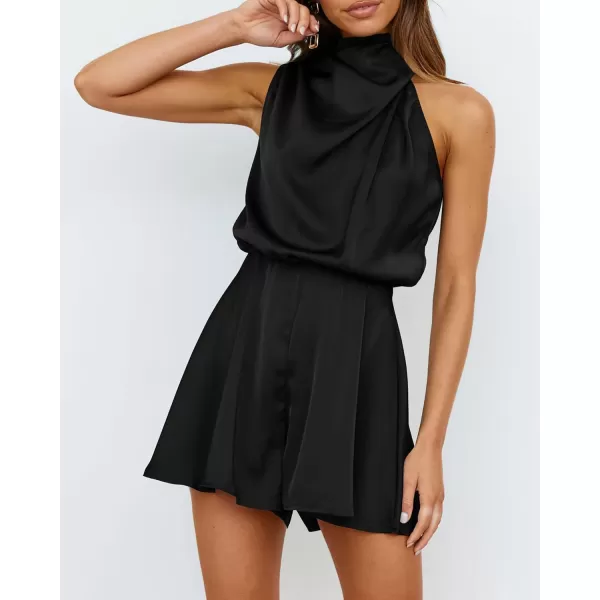 BTFBM Womens Mock Neck Summer Romper Satin Sleeveless Elastic Waist Casual Beach Party One Piece Short Jumpsuit RompersSolid Black
