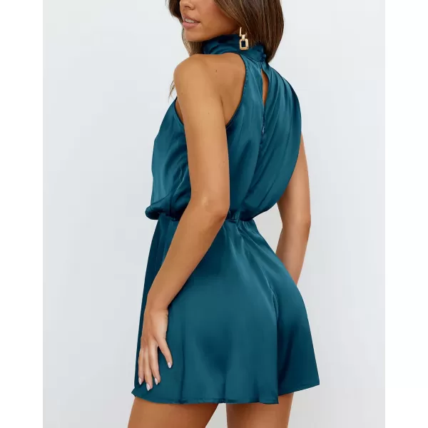 BTFBM Womens Mock Neck Summer Romper Satin Sleeveless Elastic Waist Casual Beach Party One Piece Short Jumpsuit RompersSolid Blue Green