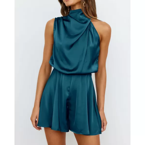BTFBM Womens Mock Neck Summer Romper Satin Sleeveless Elastic Waist Casual Beach Party One Piece Short Jumpsuit RompersSolid Blue Green