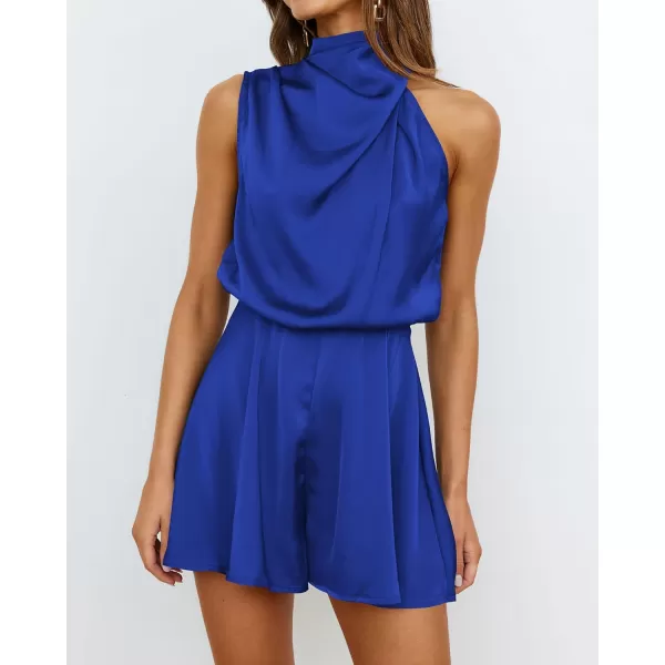 BTFBM Womens Mock Neck Summer Romper Satin Sleeveless Elastic Waist Casual Beach Party One Piece Short Jumpsuit RompersSolid Brilliant Blue