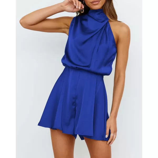 BTFBM Womens Mock Neck Summer Romper Satin Sleeveless Elastic Waist Casual Beach Party One Piece Short Jumpsuit RompersSolid Brilliant Blue