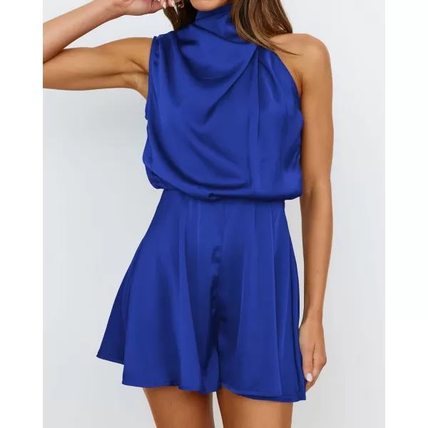 BTFBM Womens Mock Neck Summer Romper Satin Sleeveless Elastic Waist Casual Beach Party One Piece Short Jumpsuit RompersSolid Brilliant Blue