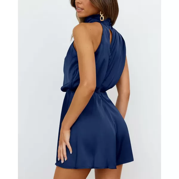 BTFBM Womens Mock Neck Summer Romper Satin Sleeveless Elastic Waist Casual Beach Party One Piece Short Jumpsuit RompersSolid Dark Blue