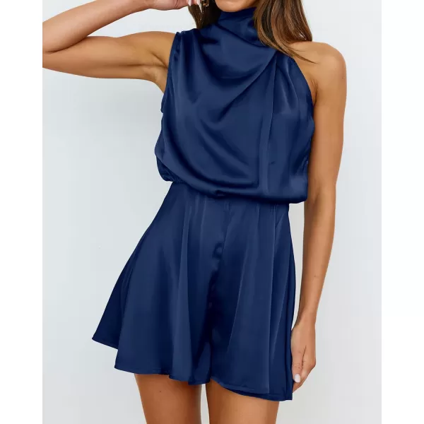 BTFBM Womens Mock Neck Summer Romper Satin Sleeveless Elastic Waist Casual Beach Party One Piece Short Jumpsuit RompersSolid Dark Blue