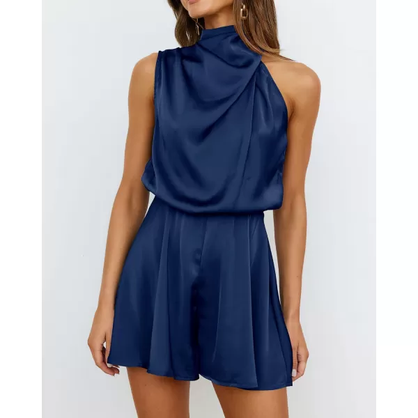 BTFBM Womens Mock Neck Summer Romper Satin Sleeveless Elastic Waist Casual Beach Party One Piece Short Jumpsuit RompersSolid Dark Blue