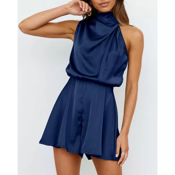BTFBM Womens Mock Neck Summer Romper Satin Sleeveless Elastic Waist Casual Beach Party One Piece Short Jumpsuit RompersSolid Dark Blue