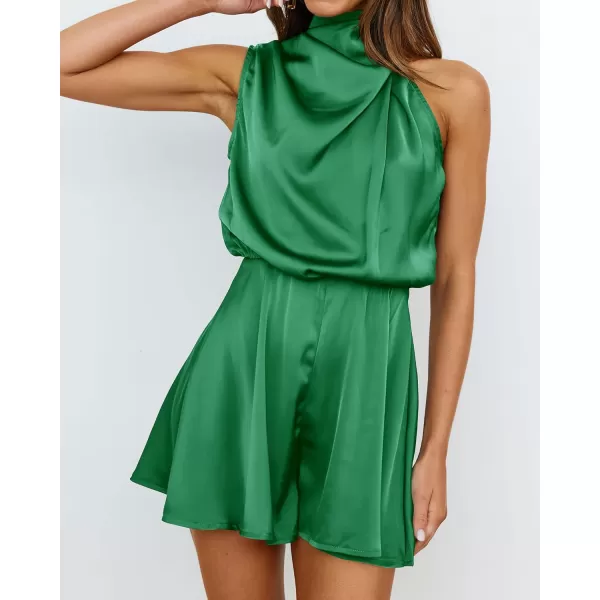 BTFBM Womens Mock Neck Summer Romper Satin Sleeveless Elastic Waist Casual Beach Party One Piece Short Jumpsuit RompersSolid Green