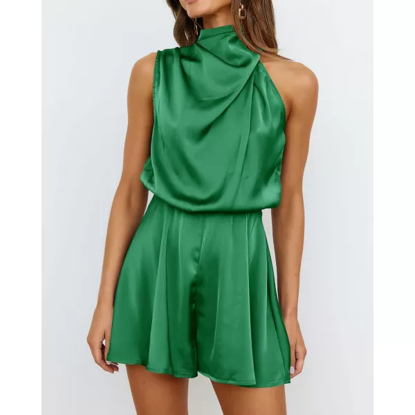 BTFBM Womens Mock Neck Summer Romper Satin Sleeveless Elastic Waist Casual Beach Party One Piece Short Jumpsuit RompersSolid Green