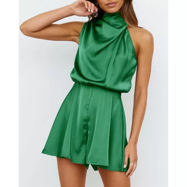 BTFBM Womens Mock Neck Summer Romper Satin Sleeveless Elastic Waist Casual Beach Party One Piece Short Jumpsuit RompersSolid Green