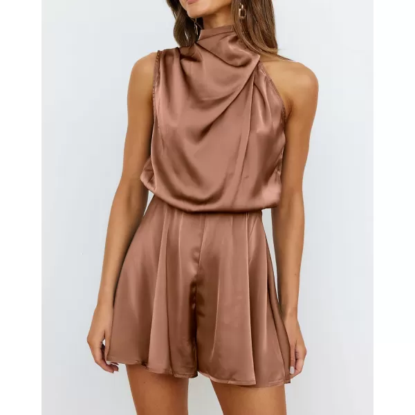 BTFBM Womens Mock Neck Summer Romper Satin Sleeveless Elastic Waist Casual Beach Party One Piece Short Jumpsuit RompersSolid Khaki